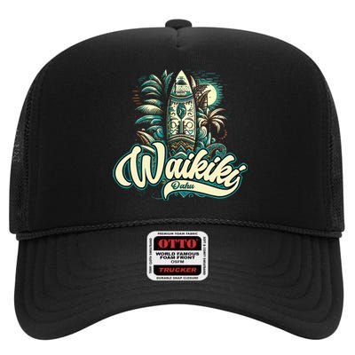 Waikiki Beach Polynesian Hawaii Surf Design High Crown Mesh Back Trucker Hat