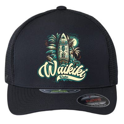 Waikiki Beach Polynesian Hawaii Surf Design Flexfit Unipanel Trucker Cap