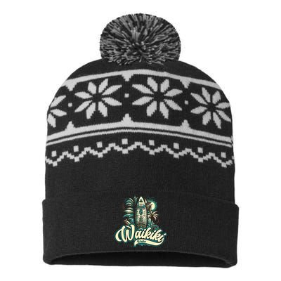 Waikiki Beach Polynesian Hawaii Surf Design USA-Made Snowflake Beanie