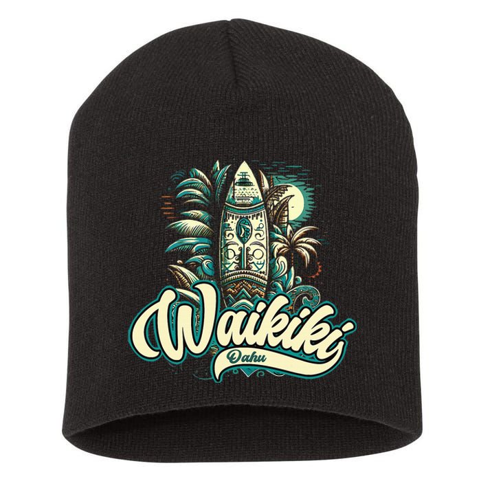 Waikiki Beach Polynesian Hawaii Surf Design Short Acrylic Beanie