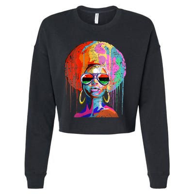 Womens Black Queen Afro Melanin Dripping Art Black History Cropped Pullover Crew