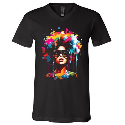 Women Black Queen Dripping Afro Melanin Juneteenth V-Neck T-Shirt