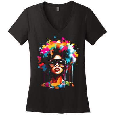 Women Black Queen Dripping Afro Melanin Juneteenth Women's V-Neck T-Shirt