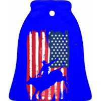 Western Bull Riding Rodeo Cow American Flag Patriotic Gift Ceramic Bell Ornament