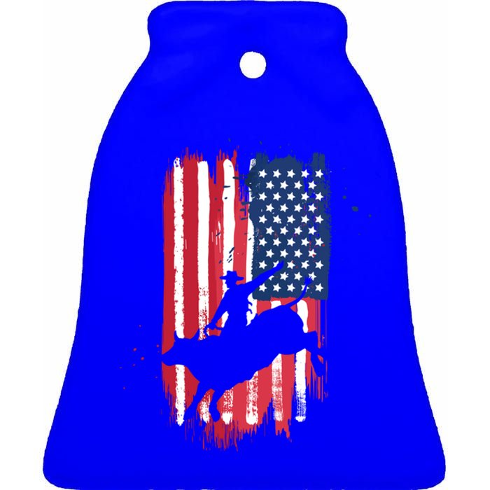 Western Bull Riding Rodeo Cow American Flag Patriotic Gift Ceramic Bell Ornament