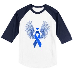 Winged Blue Ribbon Colon Cancer Awareness Gift Baseball Sleeve Shirt