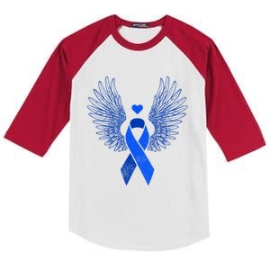 Winged Blue Ribbon Colon Cancer Awareness Gift Kids Colorblock Raglan Jersey