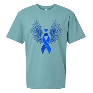 Winged Blue Ribbon Colon Cancer Awareness Gift Sueded Cloud Jersey T-Shirt