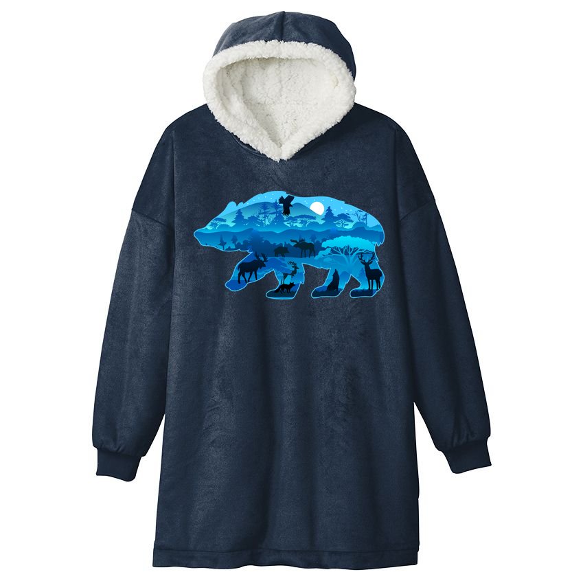 Wildlife Bear Silhouette Night Forest Hooded Wearable Blanket