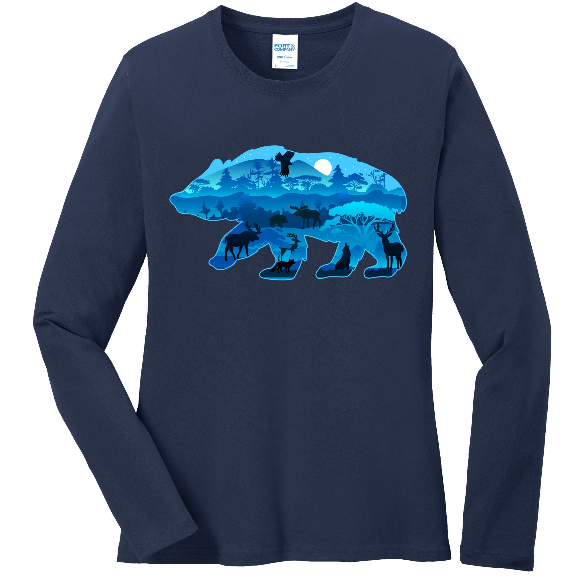 Wildlife Bear Silhouette Night Forest Ladies Long Sleeve Shirt