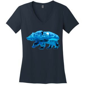 Wildlife Bear Silhouette Night Forest Women's V-Neck T-Shirt