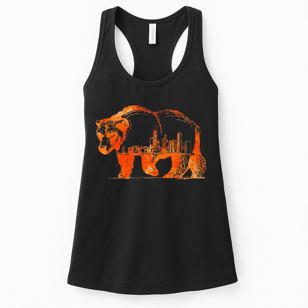 Walking Bear Silhouette Downtown Chicago City Skyline Gift Womens Tank Top