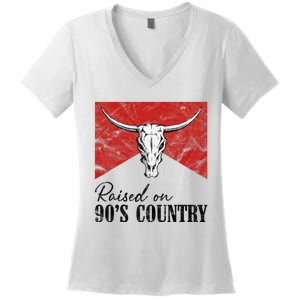 Western Bull Skull Raised On 90S Country Music Women's V-Neck T-Shirt