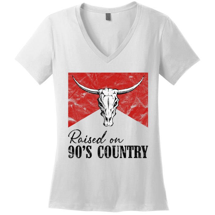 Western Bull Skull Raised On 90S Country Music Women's V-Neck T-Shirt