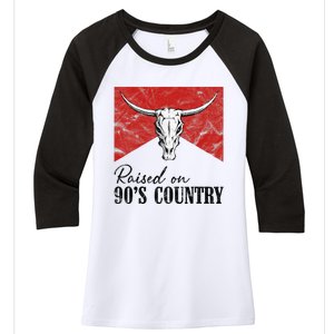 Western Bull Skull Raised On 90S Country Music Women's Tri-Blend 3/4-Sleeve Raglan Shirt