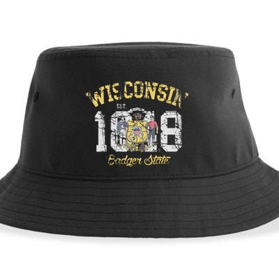 Wisconsin Badger State Flag Vintage Fade Sustainable Bucket Hat