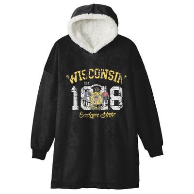 Wisconsin Badger State Flag Vintage Fade Hooded Wearable Blanket