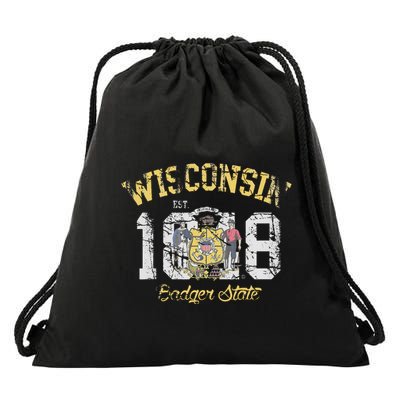 Wisconsin Badger State Flag Vintage Fade Drawstring Bag
