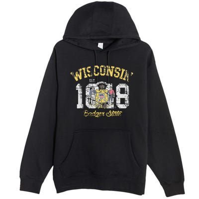 Wisconsin Badger State Flag Vintage Fade Premium Pullover Hoodie