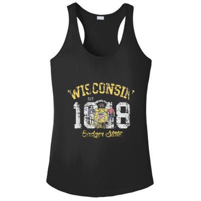 Wisconsin Badger State Flag Vintage Fade Ladies PosiCharge Competitor Racerback Tank