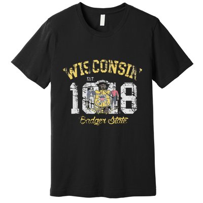 Wisconsin Badger State Flag Vintage Fade Premium T-Shirt