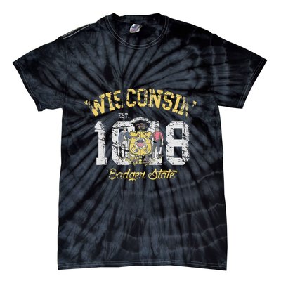 Wisconsin Badger State Flag Vintage Fade Tie-Dye T-Shirt