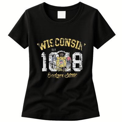 Wisconsin Badger State Flag Vintage Fade Womens T-Shirt