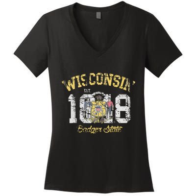 Wisconsin Badger State Flag Vintage Fade Women's V-Neck T-Shirt