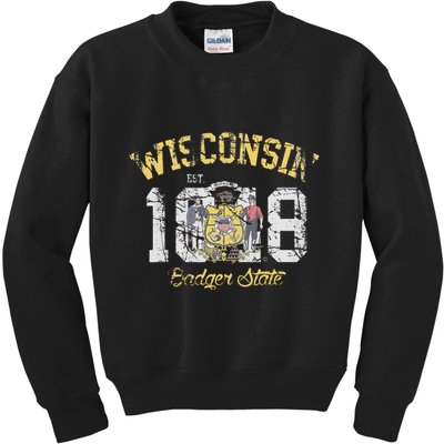 Wisconsin Badger State Flag Vintage Fade Kids Sweatshirt