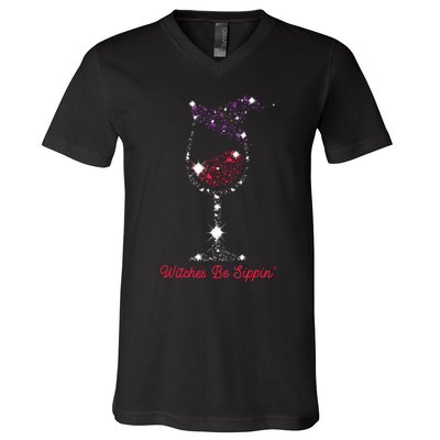 Witches Be Sippin Witch Squad Wine Glass Halloween Party V-Neck T-Shirt