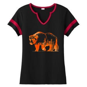 Walking Bear Silhouette Downtown Chicago City Skyline Gift Ladies Halftime Notch Neck Tee