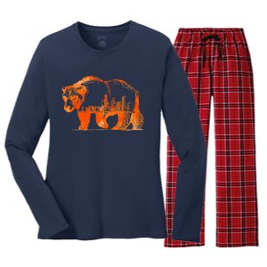 Walking Bear Silhouette Downtown Chicago City Skyline Gift Women's Long Sleeve Flannel Pajama Set 