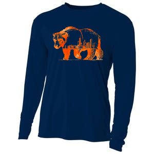 Walking Bear Silhouette Downtown Chicago City Skyline Gift Cooling Performance Long Sleeve Crew