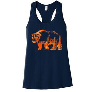 Walking Bear Silhouette Downtown Chicago City Skyline Gift Women's Racerback Tank