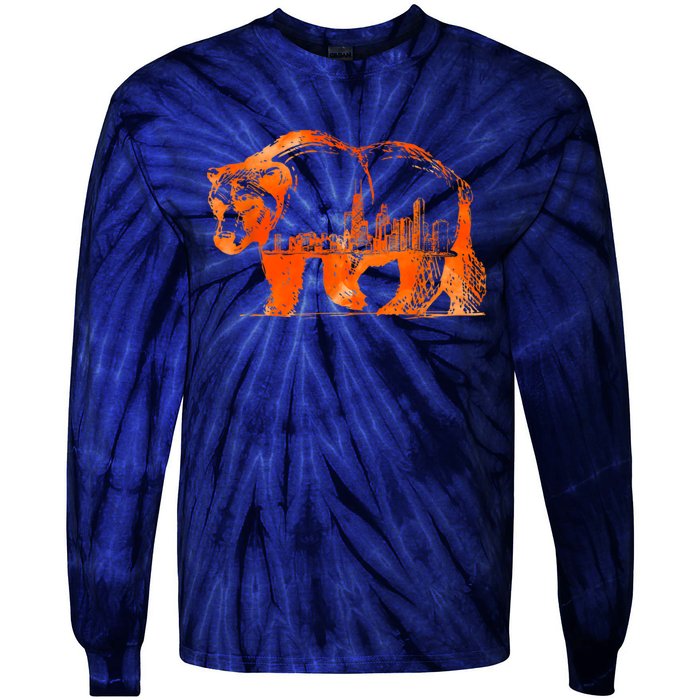 Walking Bear Silhouette Downtown Chicago City Skyline Gift Tie-Dye Long Sleeve Shirt