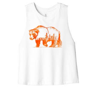 Walking Bear Silhouette Downtown Chicago City Skyline Gift Women's Racerback Cropped Tank