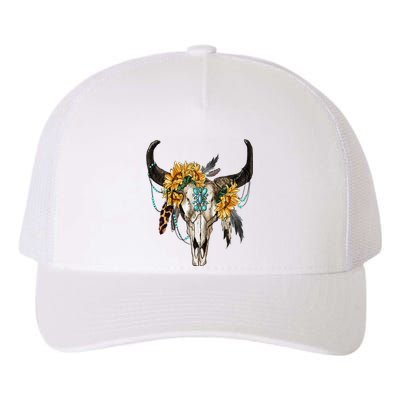 Western Boho Sunflowers Turquoise Cow Bull Skull Yupoong Adult 5-Panel Trucker Hat