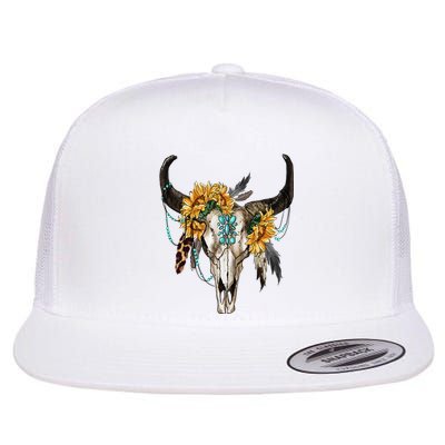 Western Boho Sunflowers Turquoise Cow Bull Skull Flat Bill Trucker Hat