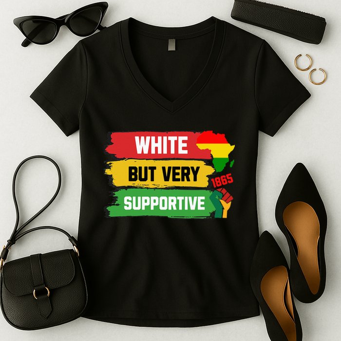 White But Supportive Ally Black History Month Juneteenth Women's V-Neck T-Shirt