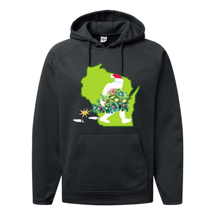 Wisconsin Bigfoot State Christmas Tree Performance Fleece Hoodie