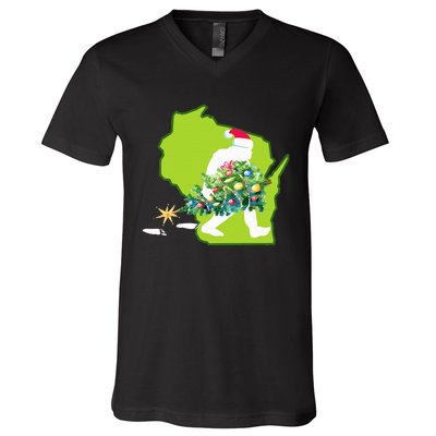 Wisconsin Bigfoot State Christmas Tree V-Neck T-Shirt