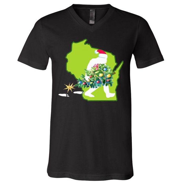 Wisconsin Bigfoot State Christmas Tree V-Neck T-Shirt