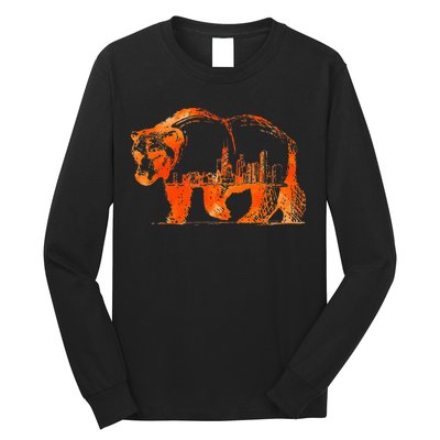 Walking Bear Silhouette Downtown Chicago City Skyline Gift Long Sleeve Shirt