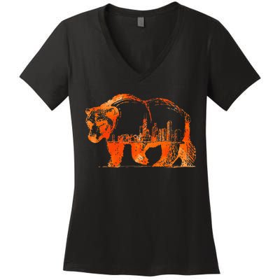 Walking Bear Silhouette Downtown Chicago City Skyline Gift Women's V-Neck T-Shirt