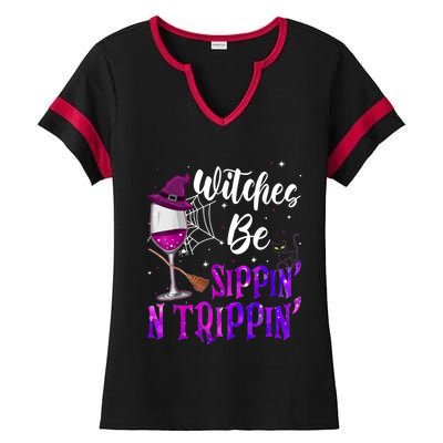 Witches Be Sippin N Trippin Halloween Drinking Funny Black Cat Ladies Halftime Notch Neck Tee