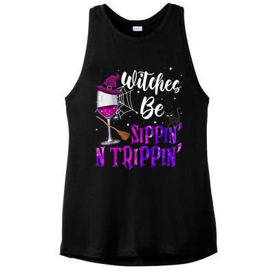 Witches Be Sippin N Trippin Halloween Drinking Funny Black Cat Ladies PosiCharge Tri-Blend Wicking Tank