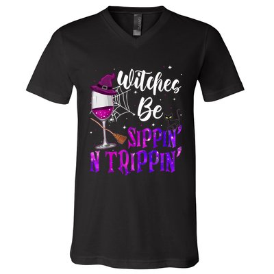 Witches Be Sippin N Trippin Halloween Drinking Funny Black Cat V-Neck T-Shirt