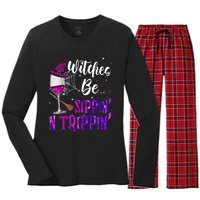 Witches Be Sippin N Trippin Halloween Drinking Funny Black Cat Women's Long Sleeve Flannel Pajama Set 