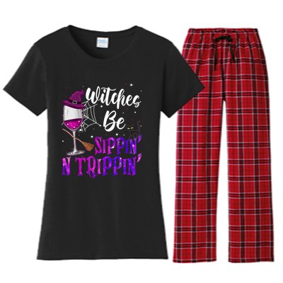 Witches Be Sippin N Trippin Halloween Drinking Funny Black Cat Women's Flannel Pajama Set