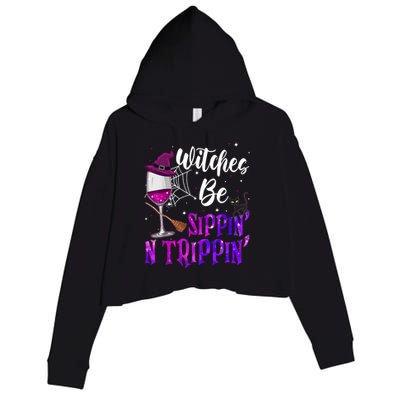 Witches Be Sippin N Trippin Halloween Drinking Funny Black Cat Crop Fleece Hoodie